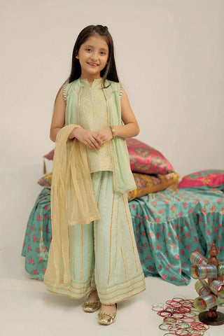 Picture of KDD-02571 | Light Green & Gold | Formal 3 Piece Suit | Pure Shafoon Banarsi - by Raja Sahib Kids