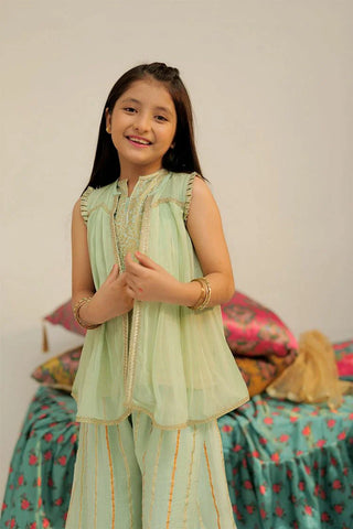 Picture of KDD-02571 | Light Green & Gold | Formal 3 Piece Suit | Pure Shafoon Banarsi - by Raja Sahib Kids