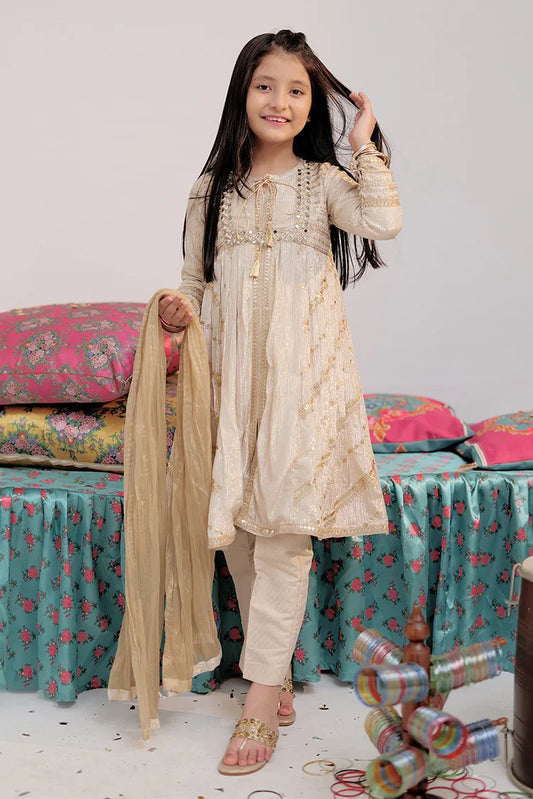 KDD-02735 | Fawn & Gold | Formal 3 Piece Suit | Banarsi Shimmer & Organza tissue