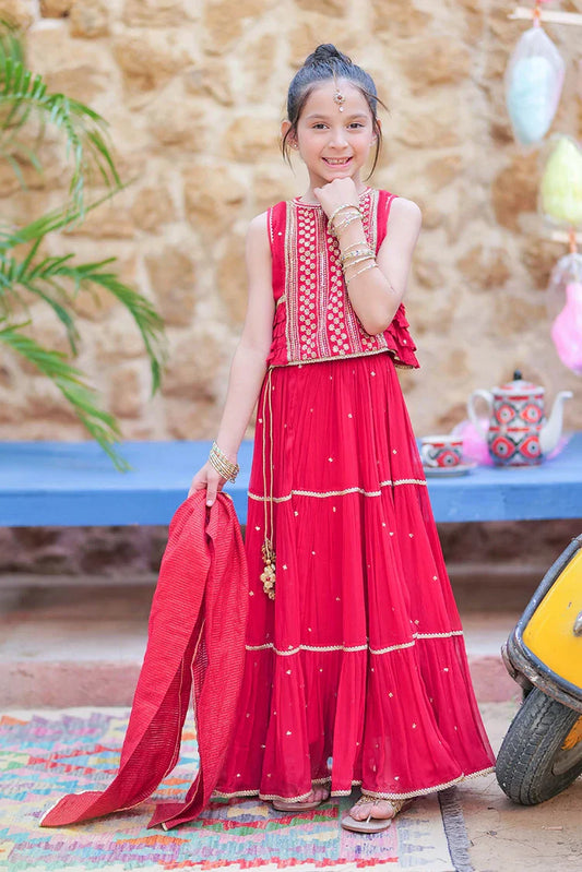 KDD-02755 | Red & Gold | Formal 3 Piece Suit | Crinkle Chiffon Fancy Fabric