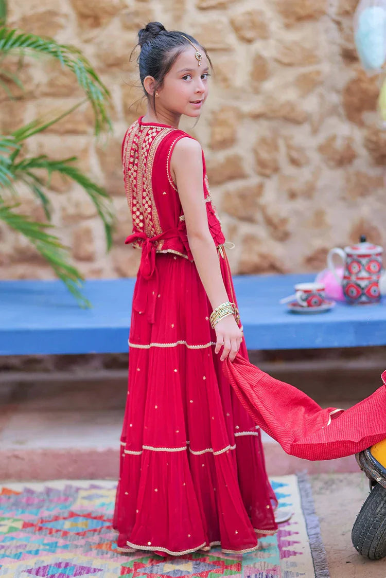 KDD-02755 | Red & Gold | Formal 3 Piece Suit | Crinkle Chiffon Fancy Fabric