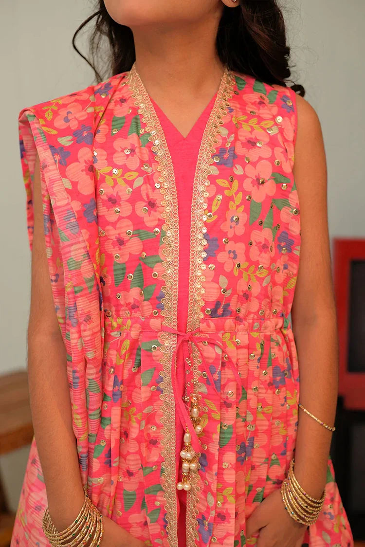 Picture of KDD-02870 | Shocking Pink & Multicolor | Formal 3 Piece Suit | Taser Silk - Available at Raja Sahib