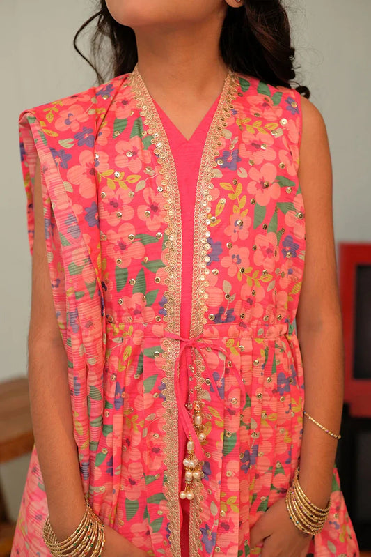 Picture of KDD-02870 | Shocking Pink & Multicolor | Formal 3 Piece Suit | Taser Silk - Available at Raja Sahib