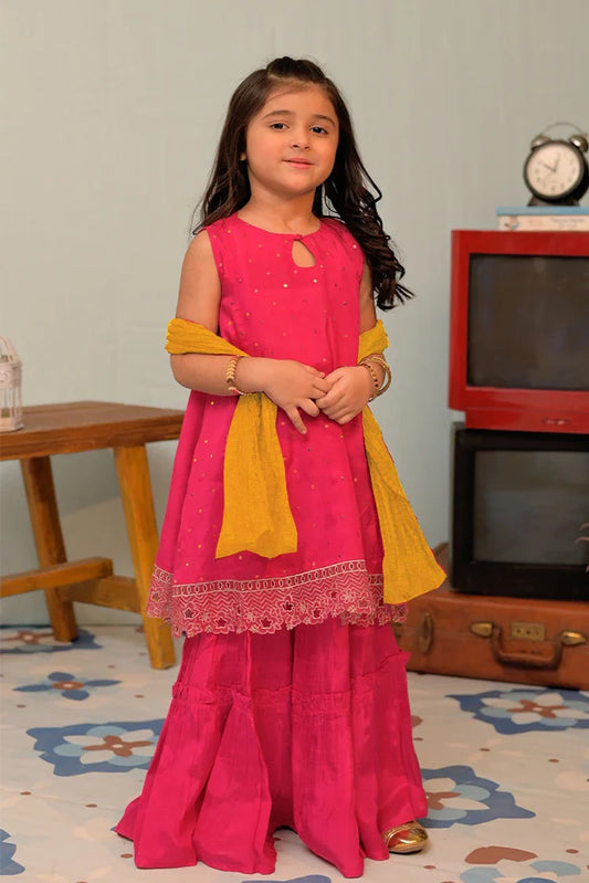 KDD-02947 | Shocking Pink & Gold | Formal 3 Piece Suit | Viscose Raw Silk