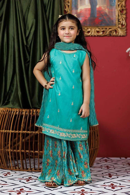 KDD-03020 | Turquoise Green & Multicolor | Formal 3 Piece Suit | Viscose Raw Silk