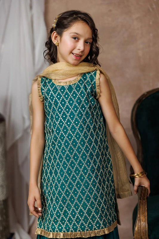 KDD-03053 | Turquoise Green & Golden | Formal 3 Piece Suit | Viscose Raw-Silk