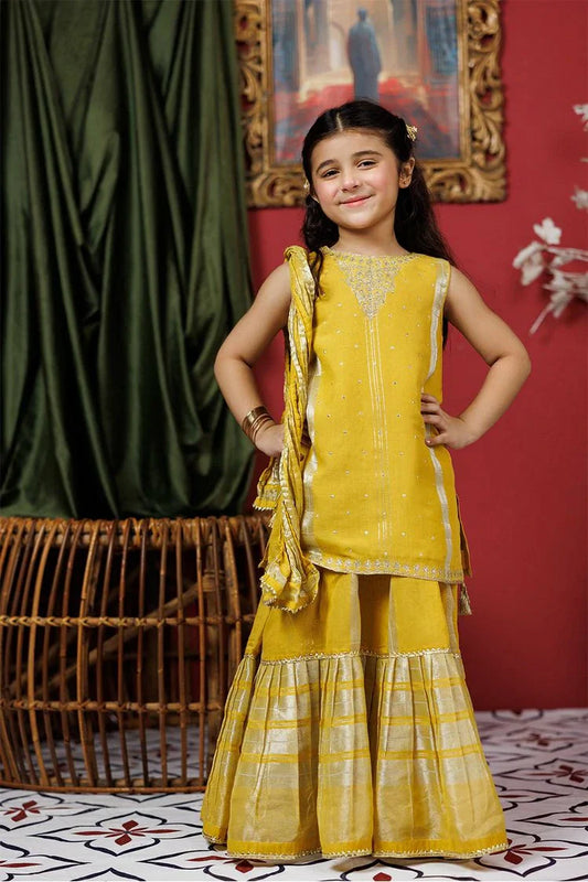 Kids formal clothes | Mustard & Gold | Formal 3 Piece Suit | Fancy Yarn Cotton Silk | KDD-03054