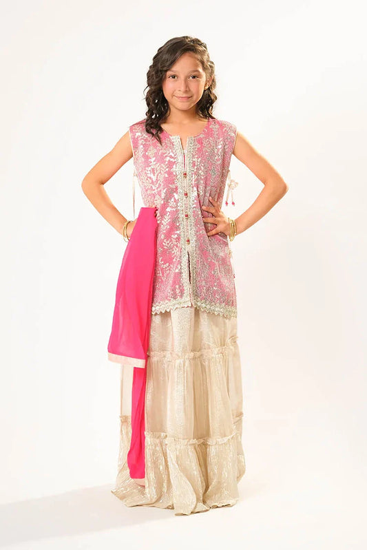 Kids formal clothes | Shocking Pink & Fawn | Formal 3 Piece Suit | Viscose Chiffon & Organza | KDD-03056