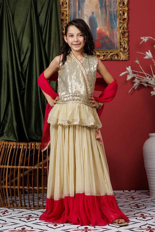 Kids formal clothes | Fawn  & Shocking Pink | Formal 3 Piece Suit | Viscose Crinkle Chiffon | KDD-03066