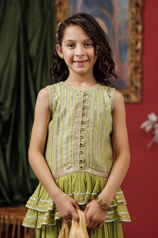 Kids formal clothes | Perot Green & Gold | Formal 3 Piece Suit | Viscose Crinkle Chiffon | KDD-03067