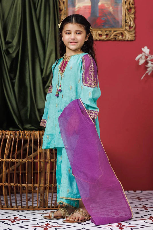 Kids formal clothes | Sea Green & Purple | Formal 3 Piece Suit | Viscose Raw-Silk | KDD-03073