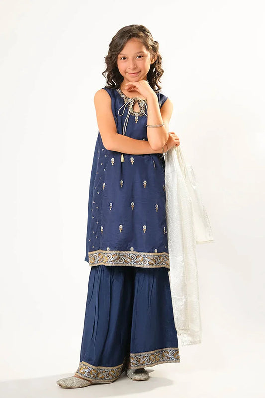 Kids formal clothes | Blue & Multicolor | Formal 3 Piece Suit | Viscose Raw-Silk | KDD-03105