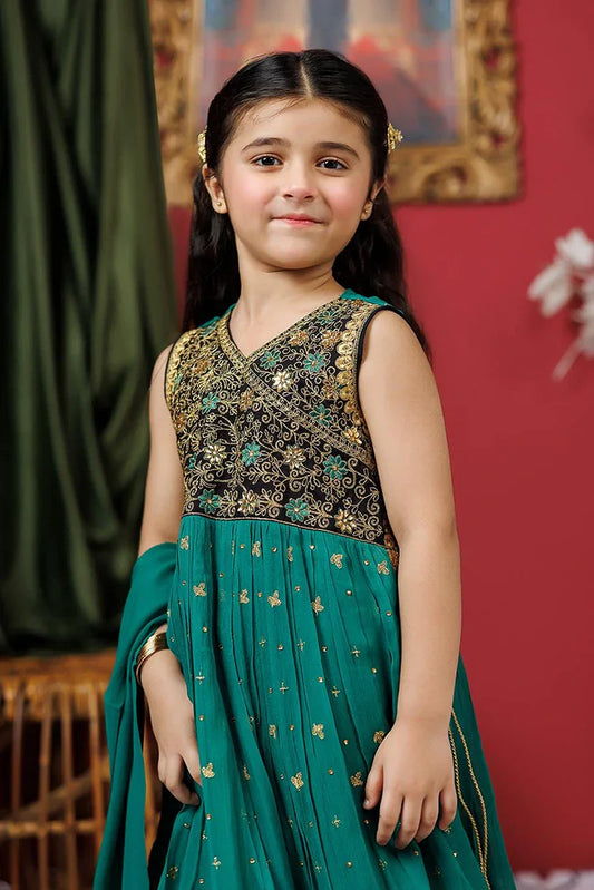 Kids formal clothes | Green & Multicolor | Formal 3 Piece Suit | Viscose Crinkle Chiffon | KDD-03108