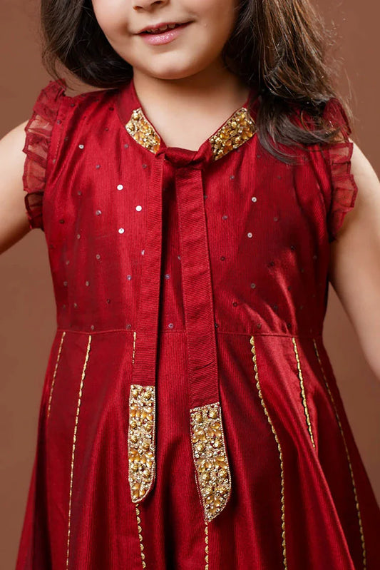 Senorita - Maroon & Gold - Formal 3 Piece Suit - Viscose Chambray Katan - KDD-03296