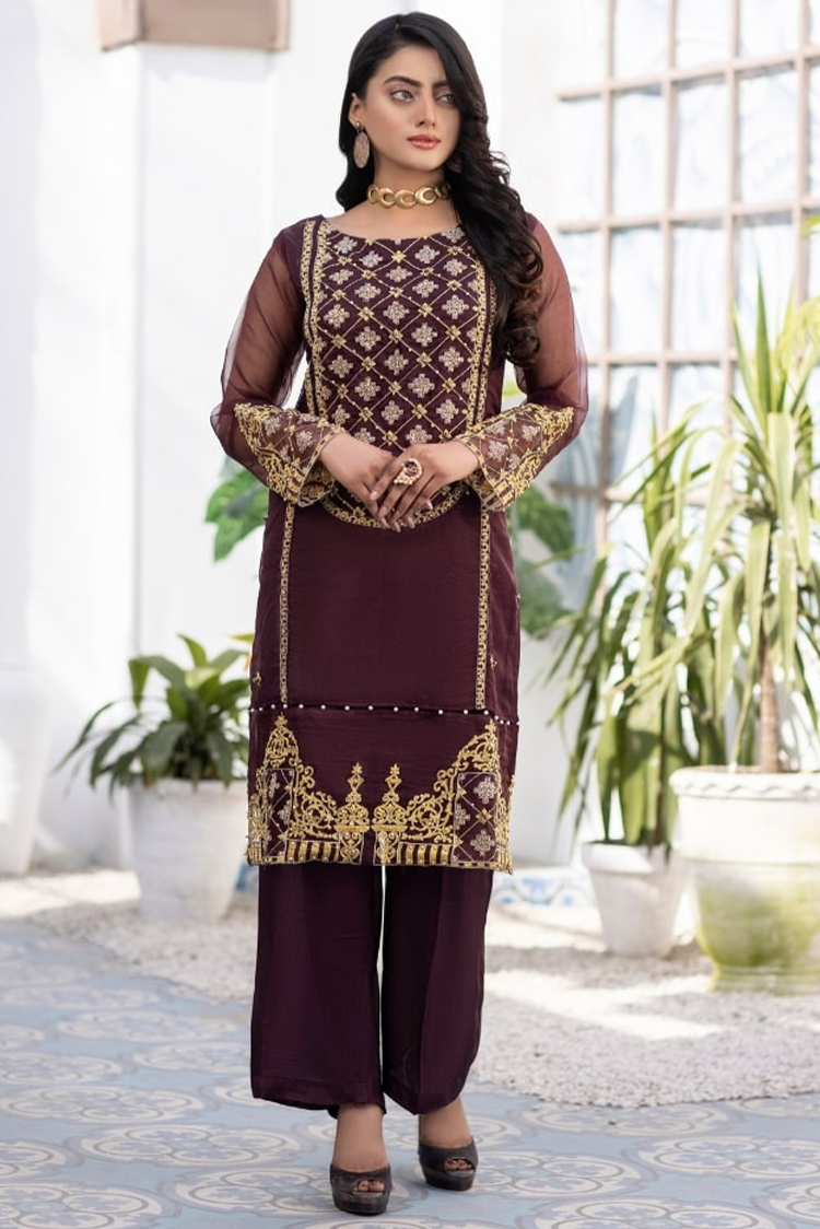 Picture of Ketifa - Organza 2 Pc Ready To Wear Collection - Maroon Flame - Available at Raja Sahib