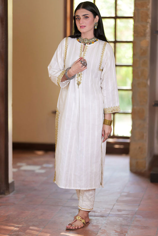 Senorita - LAA-02319 | White & Gold | Casual Kurta | Cotton Dobby