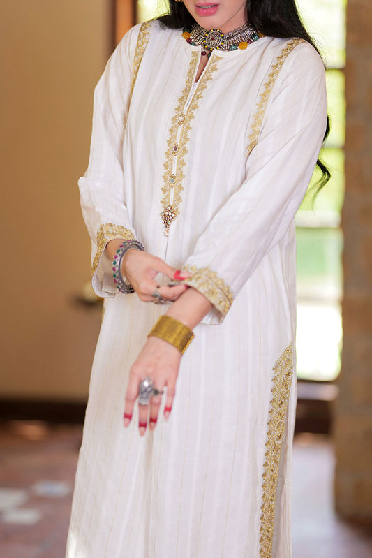 Senorita - LAA-02319 | White & Gold | Casual Kurta | Cotton Dobby
