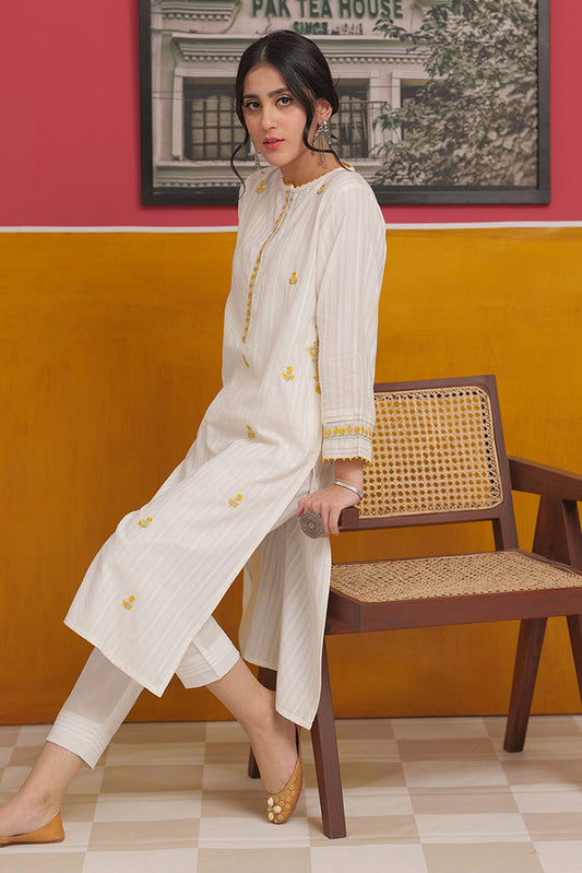 Senorita - LAC-02226 | White & Multi | Casual 2 Piece Suit  | Cotton Yarn dyed Dobby