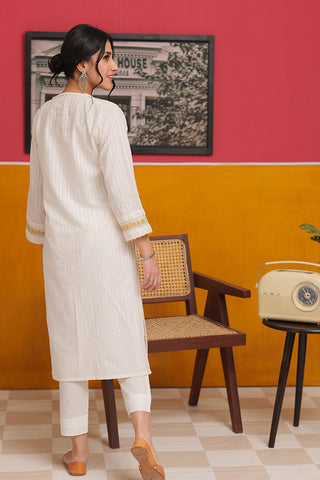 Senorita - LAC-02226 | White & Multi | Casual 2 Piece Suit  | Cotton Yarn dyed Dobby