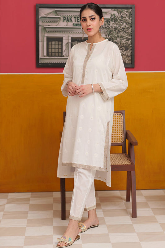 Senorita - LAC-02227 | White & Gold | Casual 2 Piece Suit  | Cotton Jacquard