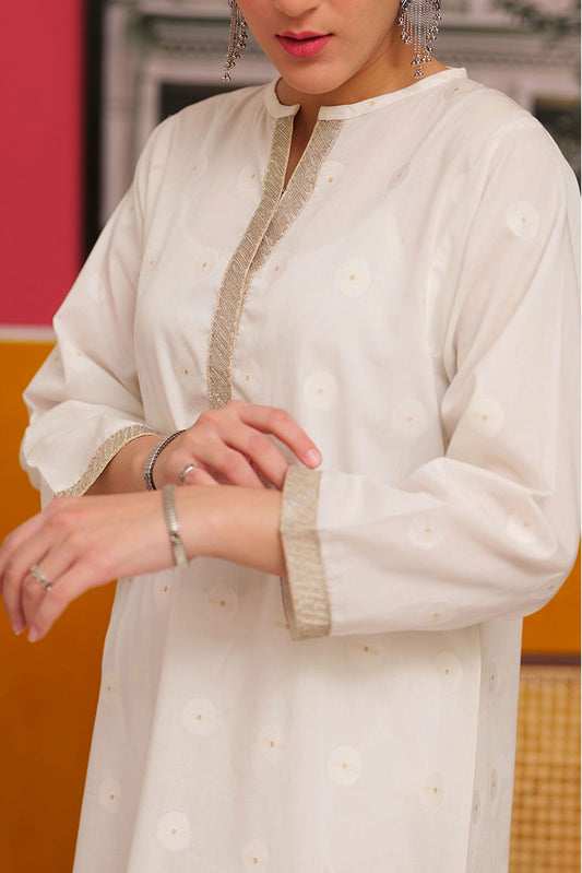 Senorita - LAC-02227 | White & Gold | Casual 2 Piece Suit  | Cotton Jacquard