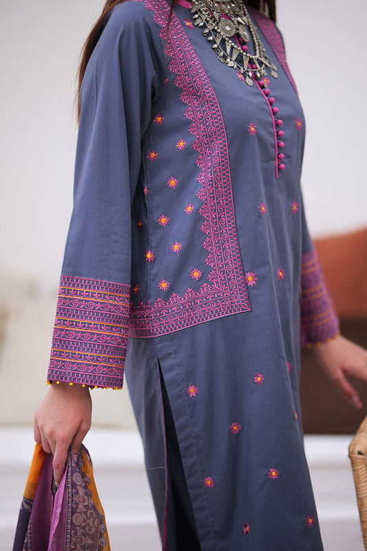 Senorita - LAD-02138 | Grey Multicolor | Casual 3 Piece Suit  | Cotton Plain Cambric