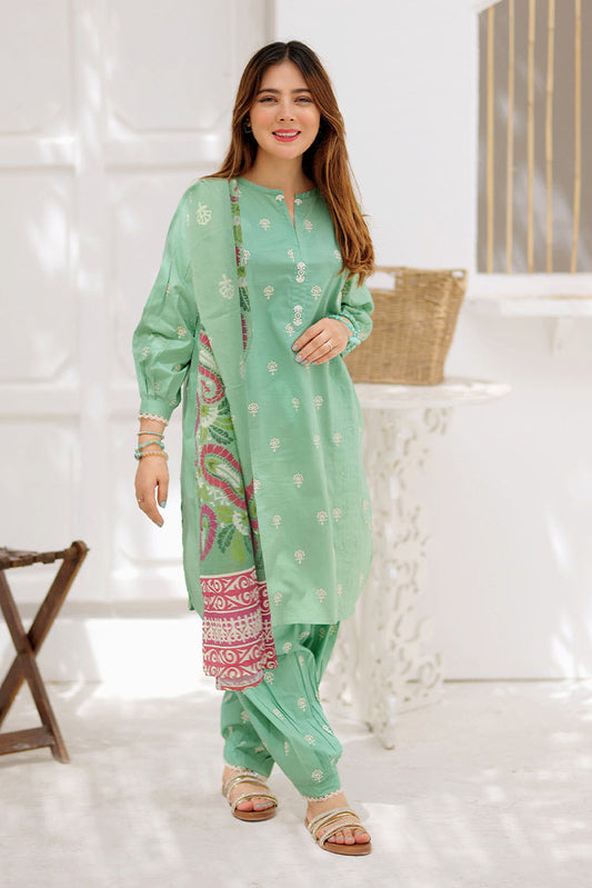 Senorita - LAD-02197 | Green | Casual 3 Piece Suit  | Cotton Plain  Embroidery