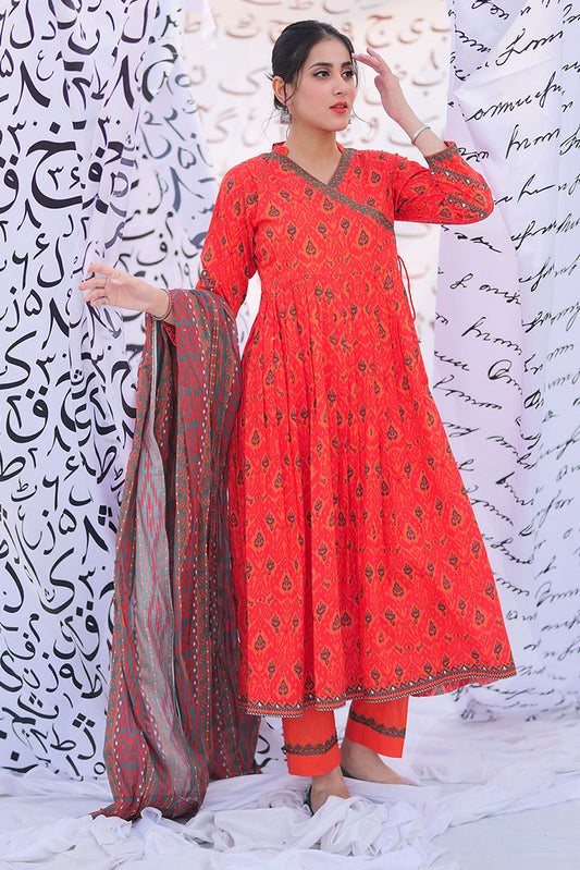 Senorita - LAD-02215 | Orange & Multicolor | Casual 3 Piece Suit | Cotton Lawn Print