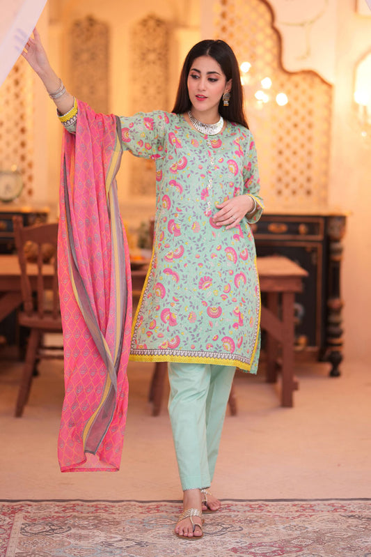 Senorita - LAD-02318 | Sea Green & Muliticolor | Casual 3 Piece Suit  | Cotton Lawn Print