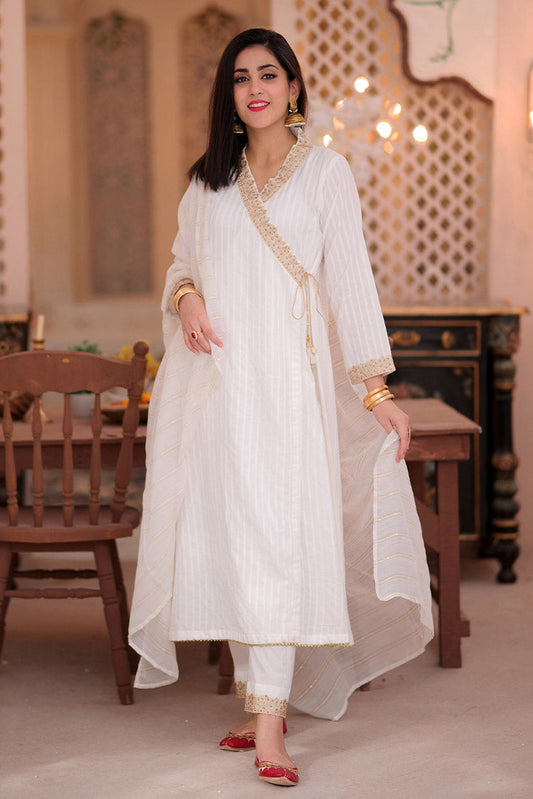 Picture of <!--bzo-->Senorita - LAD-02350 | White | Casual 3 Piece Suit | Cotton Dobby - Available at Raja Sahib
