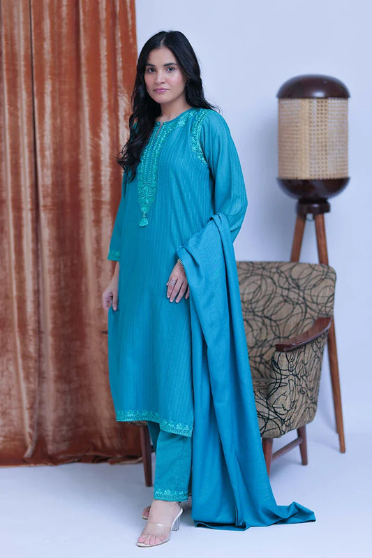 Picture of LAD-02513 | Turquoise Blue | Casual 3 Piece Suit  | Cotton Karandi Dobby - Available at Raja Sahib