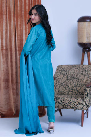 LAD-02513 | Turquoise Blue | Casual 3 Piece Suit  | Cotton Karandi Dobby