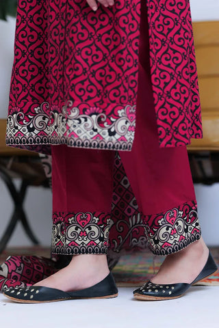 LAD-02548 | Shocking Pink & Black | Casual 3 Piece Suit  | Cotton Khaddar Printed