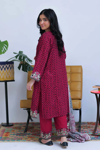 LAD-02548 | Shocking Pink & Black | Casual 3 Piece Suit  | Cotton Khaddar Printed