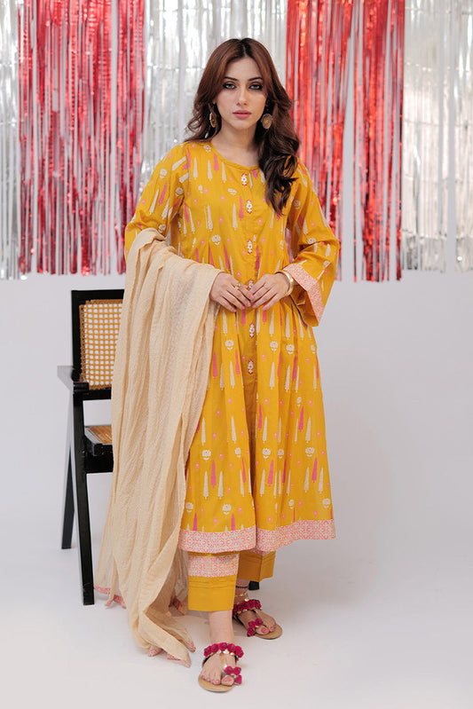 Senorita - LAD-02588 | Yellow & Multicolor | Casual Plus 3 Piece Suit  | Cotton Emboss Print