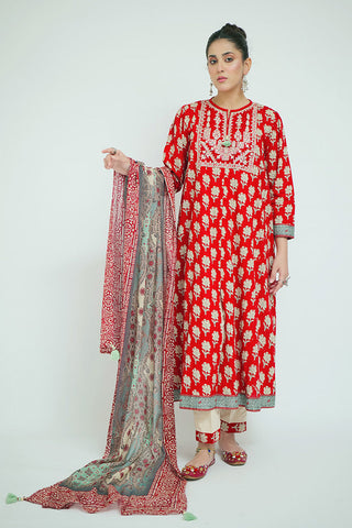 LAD-02686 | Red & Multicolor | Casual 3 Piece Suit  | Cotton Lawn Printed