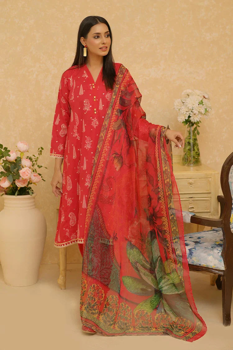 Picture of LAD-02730 | Red & Multicolor | Casual 3 Piece Suit | Cotton Lawn Printed - Available at Raja Sahib