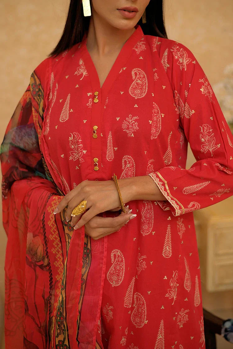 Picture of LAD-02730 | Red & Multicolor | Casual 3 Piece Suit | Cotton Lawn Printed - Available at Raja Sahib