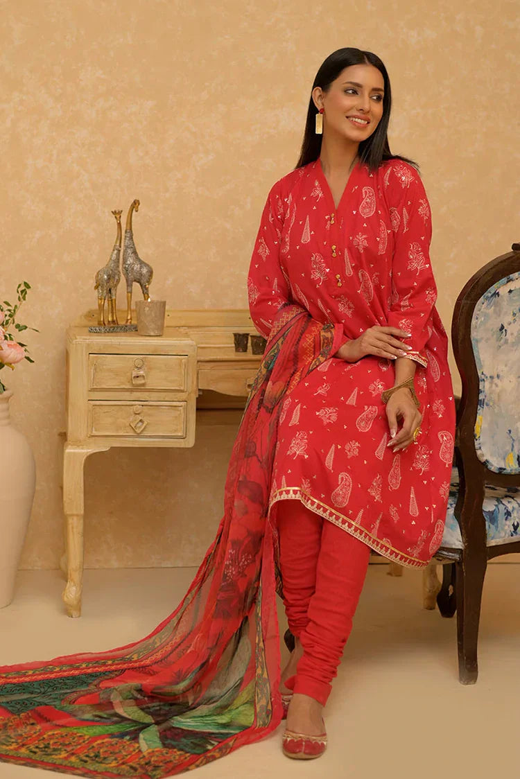 Picture of LAD-02730 | Red & Multicolor | Casual 3 Piece Suit | Cotton Lawn Printed - Available at Raja Sahib