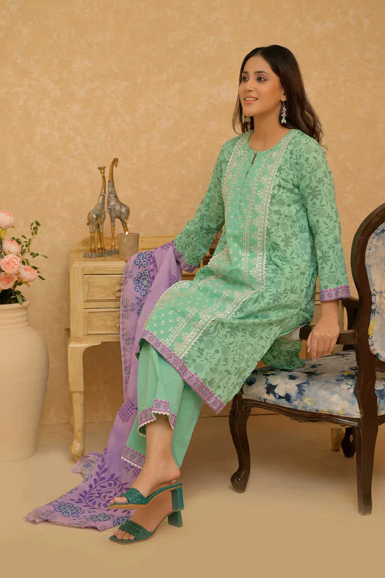Picture of LAD-02731 | Sea Green & Multicolor | Casual 3 Piece Suit | Cotton Lawn Printed - Available at Raja Sahib