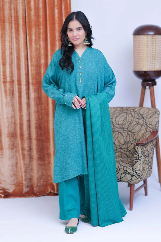 Picture of LBD-02825 | T. Green & Gold | Casual 3 Piece Suit  | Viscose Self Dobby - Available at Raja Sahib