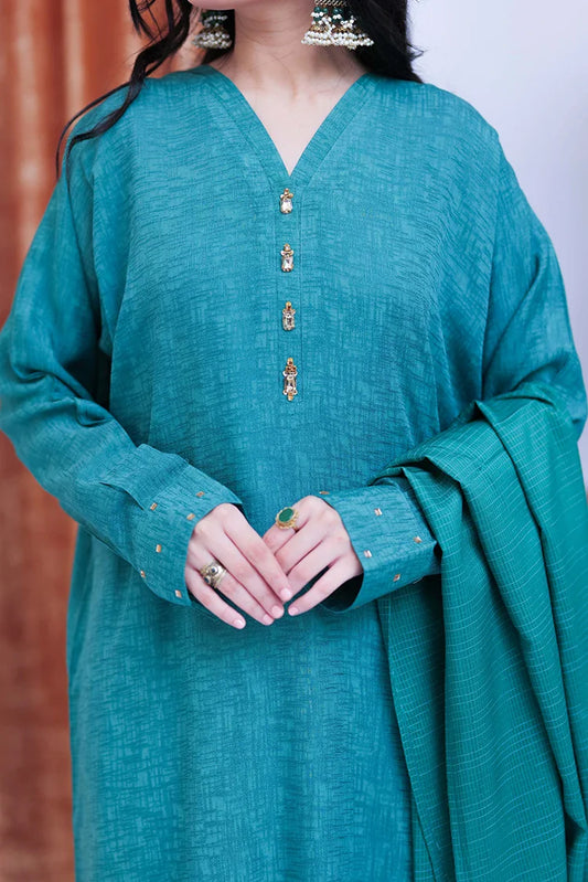 Picture of LBD-02825 | T. Green & Gold | Casual 3 Piece Suit  | Viscose Self Dobby - Available at Raja Sahib