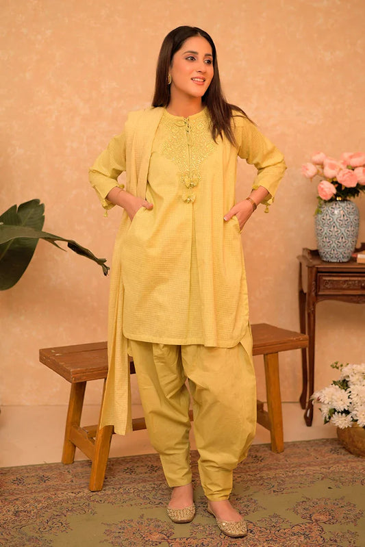 Picture of LAD-02875 | Parrot Green | Casual 3 Piece Suit | Cotton Dobby Self - Available at Raja Sahib