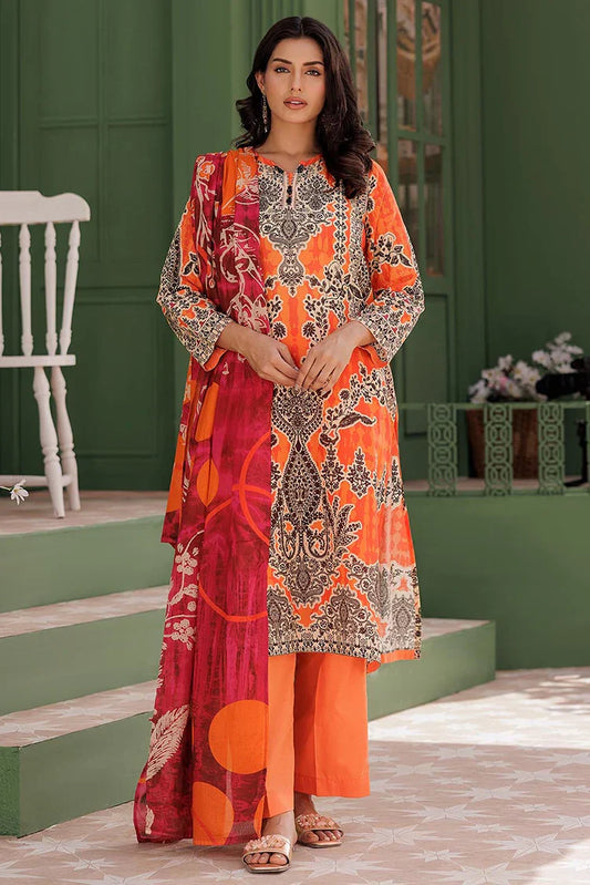 Picture of <!--akt-->LAD-03012 | Orange & Multicolor | Casual 3 Piece Suit | Cotton Lawn Printed - Available at Raja Sahib