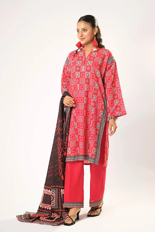 Women winter clothes | Red & Multicolor | Casual 3 Piece Suit | Cotton Khaddar Printed | LAD-03195