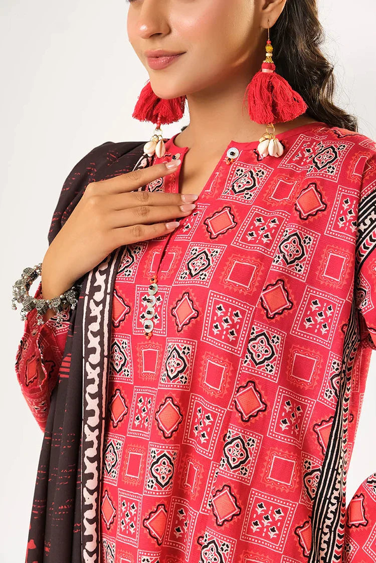 Women winter clothes | Red & Multicolor | Casual 3 Piece Suit | Cotton Khaddar Printed | LAD-03195