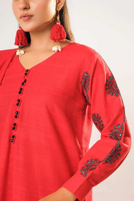 Women winter clothes | Red | Casual 3 Piece Suit | Cotton Khaddar Plain | LAD-03203