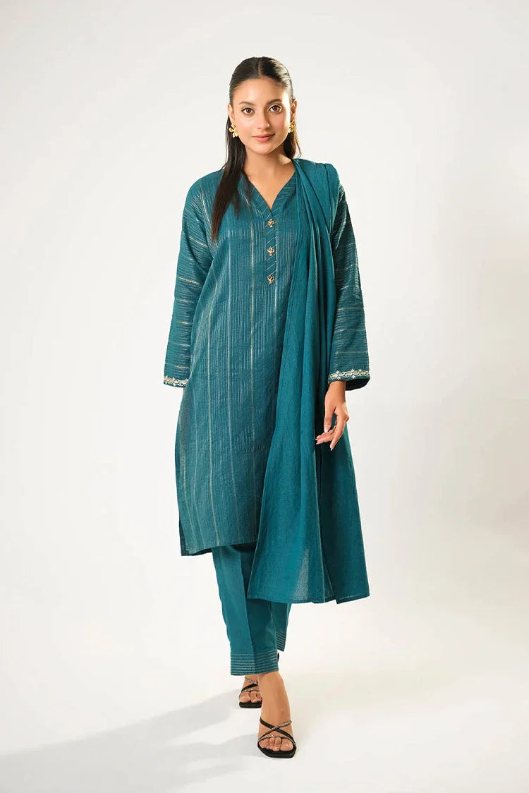 Women winter clothes | Turquoise Blue & Silver  | Casual 3 Piece Suit | Cotton Karandi Dobby  | LAD-03212