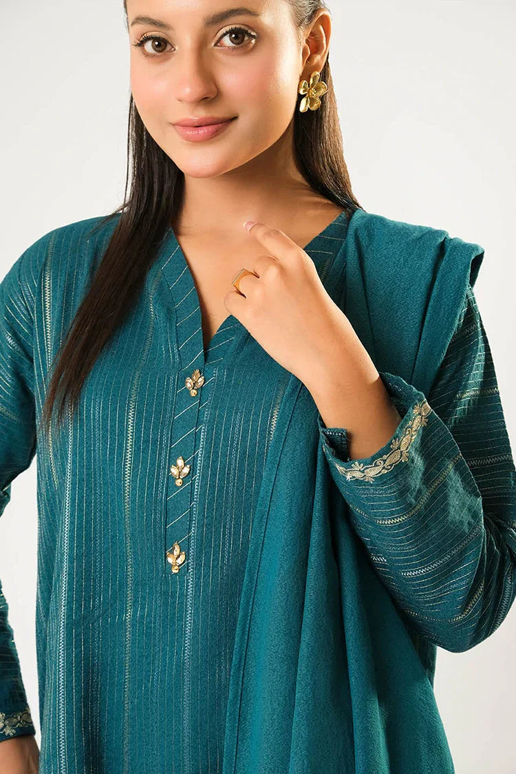 Women winter clothes | Turquoise Blue & Silver  | Casual 3 Piece Suit | Cotton Karandi Dobby  | LAD-03212