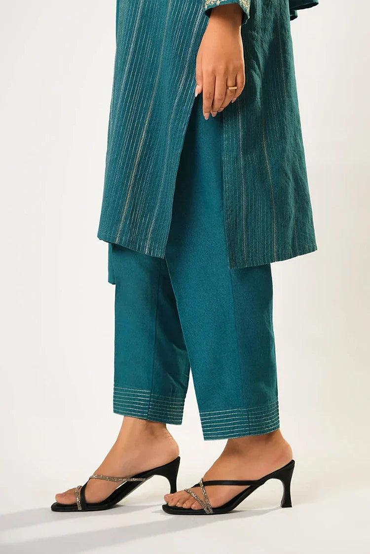 Women winter clothes | Turquoise Blue & Silver  | Casual 3 Piece Suit | Cotton Karandi Dobby  | LAD-03212